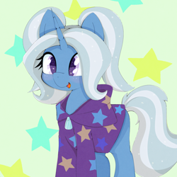 Size: 2048x2048 | Tagged: safe, artist:zokkili, gameloft, trixie, pony, unicorn, g4, my little pony: magic princess, alternate hairstyle, babysitter trixie, clothes, cute, diatrixes, female, green background, high res, hoodie, horn, mare, open mouth, open smile, pigtails, simple background, smiling, solo, starry background, stars, tail, twintails