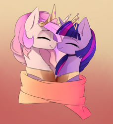 Size: 1532x1682 | Tagged: safe, artist:magnaluna, princess celestia, twilight sparkle, alicorn, pony, g4, boop, crown, duo, duo female, eyes closed, female, gradient background, horn, horns are touching, jewelry, lesbian, mare, noseboop, peytral, profile, regalia, ship:twilestia, shipping, side view, smiling, twilight sparkle (alicorn)