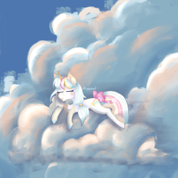 Size: 3000x3000 | Tagged: safe, artist:aasuri-art, oc, oc only, unicorn, cloud, detailed background, eyes closed, high res, horn, on a cloud, sky, sleeping, solo