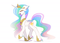 Size: 1900x1351 | Tagged: safe, artist:magnaluna, princess celestia, alicorn, pony, g4, celestia's crown, cheek fluff, chest fluff, colored ears, colored fetlocks, colored fluff, colored wings, colored wingtips, crown, cute, cutelestia, ear fluff, ear markings, earbuds, ethereal mane, ethereal tail, eyes closed, eyeshadow, female, fluffy, folded wings, full body, gradient ears, gradient fetlocks, gradient wings, headphones, hock fluff, hoof fluff, hoof shoes, horn, jewelry, leg fluff, leg strap, listening, makeup, mare, multicolored coat, multicolored wings, music player, neck fluff, open mouth, open smile, peytral, princess shoes, profile, regalia, side view, simple background, smiling, solo, tail, walking, white background, wing fluff, wings