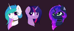 Size: 2310x976 | Tagged: dead source, safe, artist:magnaluna, princess celestia, princess luna, twilight sparkle, alicorn, pony, g4, bust, curved horn, ethereal mane, female, horn, jewelry, looking at you, mare, necklace, piercing, portrait, purple background, royal sisters, siblings, simple background, sisters, smiling, smiling at you, trio, trio female, twilight sparkle (alicorn)