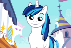 Size: 1088x741 | Tagged: safe, screencap, shining armor, unicorn, a canterlot wedding, g4, cursed image, faic, horn, looking down, male, meme, outdoors, shining armor is best facemaker, solo, teenage shining armor, twily face, wat, younger shining armor