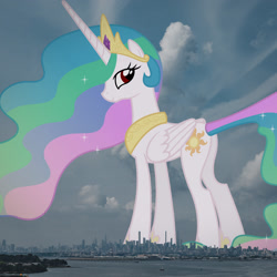 Size: 1440x1440 | Tagged: safe, artist:90sigma, edit, editor:jaredking779, princess celestia, alicorn, pony, g4, alternate eye color, attack on pony, butt, city, cityscape, cloud, cloudy, crown, female, folded wings, giant pony, giantess, giantlestia, highrise ponies, hoof shoes, horn, irl, jewelry, looking at you, looking back, looking back at you, macro, manhattan, mare, new york, new york city, peytral, photo, plot, ponies in real life, princess shoes, red eyes, regalia, smiling, solo, standing, story included, sunbutt, tall, vulgar description, wings, wrong eye color