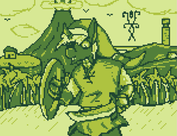 Size: 891x687 | Tagged: safe, artist:damset, oc, oc:da-mset, bird, changeling, beach, clothes, digital art, house, monochrome, mountain, ms paint, one eye, palm tree, pixel art, shield, sword, the legend of zelda, the legend of zelda: link's awakening, tower, tree, tunic, weapon