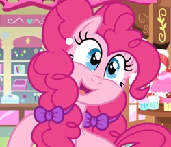 Size: 1425x1220 | Tagged: safe, artist:cstrawberrymilk, pinkie pie, earth pony, pony, g4, alternate hairstyle, bow, double mane, female, hair bow, mare, open mouth, smiling, solo, sugarcube corner