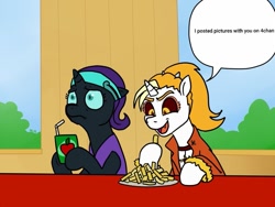 Size: 999x750 | Tagged: safe, artist:pony quarantine, editor:sillyfillechka, oc, oc only, oc:dyx, oc:nyx, alicorn, pony, 4chan, dyx upsetting nyx, exploitable meme, food, french fries, horn, juice, juice box, meme, pure unfiltered evil, speech bubble, text, wings