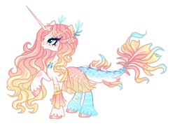 Size: 1920x1386 | Tagged: safe, artist:just-silvushka, oc, oc only, hybrid, unicorn, adoptable, anklet, blue eyes, blue scales, blue tail, blushing, bracelet, circlet, clam, clothes, colored hooves, coral, cream fur, ear piercing, earring, eyelashes, eyeshadow, female, fins, hairpin, hooves, horn, hybrid oc, jewelry, knee blush, long horn, long mane, long tail, makeup, multicolored tail, next generation, nose blush, piercing, pink mane, scales, skirt, stripes, tail