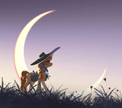 Size: 2258x2000 | Tagged: safe, artist:hichieca, oc, oc only, pony, crescent moon, flower, grass, hat, moon, scenery, sky, solo