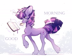 Size: 1940x1520 | Tagged: safe, artist:avroras_world, twilight sparkle, unicorn, g4, book, cup, ears back, female, floppy ears, glasses, levitation, magic, mare, solo, teacup, telekinesis, text, unicorn twilight