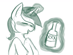 Size: 1589x1192 | Tagged: safe, artist:anonymous, lyra heartstrings, pony, unicorn, g4, alcohol, bottle, doodle, drink, drunk, drunk artist, female, glowing, glowing horn, horn, magic, mare, monochrome, requested art, simple background, solo, telekinesis, white background