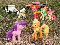 Size: 1032x774 | Tagged: safe, artist:dingopatagonico, apple bloom, apple fritter, applejack, big macintosh, granny smith, sugar belle, earth pony, unicorn, g4, apple family, apple family member, horn, jeep, photo, toy