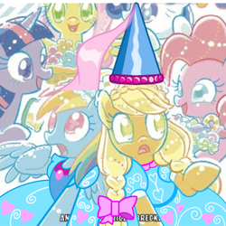 Size: 1080x1080 | Tagged: safe, edit, applejack, fluttershy, pinkie pie, rainbow dash, rarity, twilight sparkle, alicorn, earth pony, pegasus, pony, unicorn, g4, applejack also dresses in style, clothes, dress, froufrou glittery lacy outfit, hat, hennin, horn, mane six, princess, princess applejack, princess rainbow dash, rainbow dash always dresses in style, twilight sparkle (alicorn)