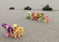 Size: 1064x751 | Tagged: safe, artist:dingopatagonico, apple bloom, apple fritter, applejack, big macintosh, granny smith, sugar belle, earth pony, unicorn, g4, apc, apple family, apple family member, armored vehicle, car, horn, jeep, m4 sherman, photo, tank (vehicle), toy, vehicle