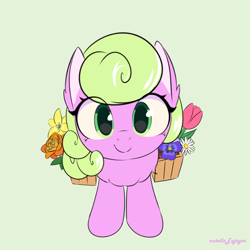 Size: 1000x1000 | Tagged: safe, artist:nutellaenjoyer, daisy, flower wishes, earth pony, pony, g4, chest fluff, cute, female, flower, green background, looking at you, mare, simple background, smiling, smiling at you, solo