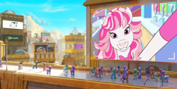 Size: 1600x804 | Tagged: safe, derpibooru exclusive, edit, edited screencap, screencap, earth pony, horse, pegasus, pony, g5, my little pony: a new generation, candi (wild manes), livestream, wild manes, zephyr heights