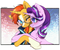 Size: 1901x1584 | Tagged: safe, artist:avrameow, starlight glimmer, sunburst, pony, unicorn, g4, abstract background, blushing, commission, duo, duo male and female, female, horn, hug, looking at each other, looking at someone, male, mare, one eye closed, ship:starburst, shipping, smiling, stallion, straight, ych result