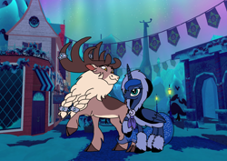 Size: 1414x1000 | Tagged: safe, artist:zetikoopa, princess luna, stronghoof hoofstrong (tfh), alicorn, deer, reindeer, them's fightin' herds, g4, aurora borealis, clothes, cloven hooves, community related, duo, female, male, mare, night, night sky, reine city, shipping, sky, snow, winter outfit