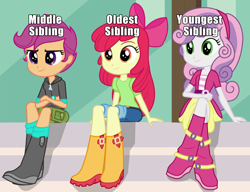 Size: 750x575 | Tagged: safe, edit, edited screencap, screencap, apple bloom, scootaloo, sweetie belle, human, equestria girls, g4, my little pony equestria girls: friendship games, bow, clothes, denim, female, hair bow, headband, jeans, long hair, op has an opinion, pants, shirt, short hair, shorts, skirt, t-shirt, trio, trio female