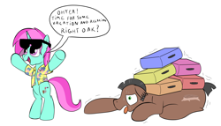 Size: 3500x2000 | Tagged: safe, artist:amateur-draw, oc, oc only, oc:belle boue, oc:oak wood, earth pony, unicorn, bipedal, clothes, exhausted, hawaiian shirt, horn, male, shirt, simple background, speech bubble, stallion, suitcase, sunglasses, sweat, sweatdrop, text, tired, tongue out, white background