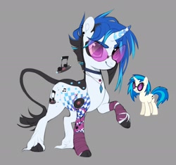 Size: 2048x1929 | Tagged: safe, artist:xcolorblisssketchx, dj pon-3, vinyl scratch, classical unicorn, pony, unicorn, g4, alternate cutie mark, alternate design, alternate hairstyle, bandage, choker, cloven hooves, coat markings, colored eyebrows, colored hooves, colored horntip, curved horn, cutie mark, ear piercing, earring, eye clipping through hair, eyebrows, eyelashes, female, glasses, gray background, grin, hooves, horn, jewelry, leonine tail, looking up, mare, necklace, piercing, raised hoof, redesign, reference sheet, reference used, simple background, smiling, solo, standing, tail, tattoo, unshorn fetlocks, vinyl's glasses