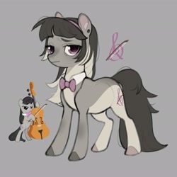 Size: 2046x2048 | Tagged: safe, artist:xcolorblisssketchx, octavia melody, earth pony, pony, g4, alternate cutie mark, alternate design, alternate hairstyle, bangs, bipedal, bow (instrument), bowtie, cello, cello bow, coat markings, colored eyebrows, colored hooves, colored pinnae, cutie mark, ear piercing, earring, eyebrows, eyelashes, female, gray background, headband, high res, hoof hold, hooves, implied lesbian, implied scratchtavia, implied shipping, implied vinyl scratch, jewelry, lidded eyes, looking away, mare, musical instrument, octavia is not amused, octavia's bowtie, piercing, raised eyebrow, redesign, reference sheet, simple background, solo, standing, stray strand, unamused, unshorn fetlocks