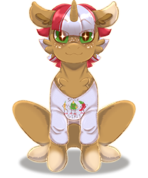 Size: 1932x2319 | Tagged: safe, artist:kaijulii, oc, oc only, pony, unicorn, brown coat, brown fur, cheek fluff, chest fluff, clothes, design, green eyes, horn, red hair, red mane, shirt, shirt design, silly, simple background, solo, sparkly eyes, transparent background, two toned coat, two toned fur, two toned mane, unicorn oc, white hair, white mane, wingding eyes