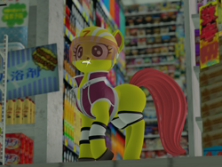 Size: 1344x1009 | Tagged: safe, artist:mosssong, earth pony, pony, open pony, 3d, 7 eleven, animal crossing, clothes, crossover, female, filly (animal crossing), grin, helmet, japanese, knee pads, mare, racing suit, second life, shine, smiling, solo, store, vest