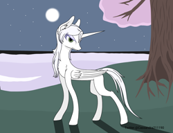 Size: 2600x2000 | Tagged: safe, artist:cassandra211190, oc, oc only, oc:κασσάνδρα, alicorn, pony, alicorn oc, horn, moon, slender, solo, stars, thin, tree, turned head, wings