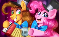 Size: 2947x1832 | Tagged: safe, artist:pozya1007, cheese sandwich, pinkie pie, earth pony, pony, g4, pinkie pride, accordion, bowtie, complex background, cute, duo, duo male and female, ear fluff, female, hat, looking at you, male, microphone, musical instrument, redraw