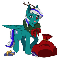 Size: 2000x2000 | Tagged: safe, artist:erein, oc, oc only, oc:blue star, changeling, pegasus, pony, box, changeling oc, christmas, colored, commission, cute, flat colors, gray eyes, happy, high res, holiday, male, multicolored hair, present, red nose, simple background, smiling, solo, white background, wings