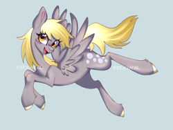 Size: 4000x3001 | Tagged: safe, artist:toxikil, derpy hooves, pegasus, pony, g4, blushing, cute, flying, open mouth, open smile, shiny hooves, shiny mane, simple background, smiling, solo, spread wings, wingding eyes, wings