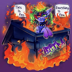 Size: 2048x2048 | Tagged: safe, artist:yumkandie, oc, oc only, oc:electra, hybrid, pegabat, chest fluff, collar, dumpster, dumpster fire, ear fluff, ear piercing, everything is fine, fangs, fire, fire magic, fire resistance, fluffy, folded wings, graffiti, heterochromia, mane on fire, meme, messy mane, nose piercing, original character do not steal, piercing, solo, spiked collar, this is fine, wings