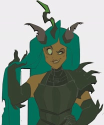 Size: 1706x2048 | Tagged: safe, artist:creaturedeer, queen chrysalis, human, g4, armor, eared humanization, female, grin, horn, horned humanization, humanized, smiling, smirk, solo