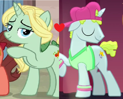 Size: 662x536 | Tagged: safe, edit, edited screencap, screencap, dear darling, glamor trot, swoon song, pony, unicorn, g4, hard to say anything, deartrot, eyes closed, female, horn, male, mare, raised hoof, shipping, shipping domino, stallion, straight, trio