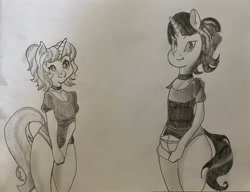 Size: 3786x2912 | Tagged: safe, unicorn, semi-anthro, duo, duo female, ears, female, hands together, holding, horn, long hair, monochrome, pencil drawing, tail, traditional art