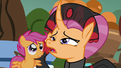 Size: 1279x720 | Tagged: artist needed, safe, anonymous artist, artist:koboldthief, edit, edited screencap, screencap, sable spirit, scootaloo, pegasus, pony, unicorn, campfire tales, g4, season 7, alternate universe, clothes, curved horn, dialogue in the description, duo, duo female, empress sable spirit, female, frown, gritted teeth, hoof on cheek, horn, indigo eyes, magenta hair, magenta mane, mare, mother and child, mother and daughter, open mouth, orange coat, orange fur, orange pony, scootalove, teeth, tired, what if, worried, young sable spirit