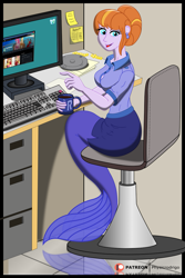 Size: 827x1238 | Tagged: safe, artist:physicrodrigo, copper top, sunburst, mermaid, series:equestria mermaids, equestria girls, g4, chair, clothes, coffee mug, computer, desk, fins, fish tail, hair bun, happy, job, keyboard, looking at you, mermaid tail, mermaidized, monitor, mug, office lady, pointing, police, police officer, police uniform, post-transformation, rule 63, sitting, sitting pretty, skirt, smiling, smiling at you, solo, species swap, sunstone, table, tail, the little mermaid, working