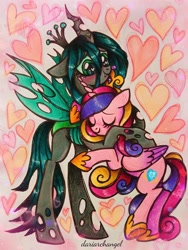 Size: 1540x2048 | Tagged: safe, artist:dariarchangel, princess cadance, queen chrysalis, alicorn, changeling, changeling queen, pony, g4, bipedal, blushing, cadance's crown, colored wings, concave belly, crown, cute, cutealis, cutedance, daaaaaaaaaaaw, duo, duo female, eyes closed, fangs, female, floppy ears, folded wings, gradient wings, green eyes, heart, heart eyes, height difference, hoof shoes, horn, hug, infidelity, insect wings, jewelry, lesbian, long hair, long horn, long mane, long tail, looking at someone, looking down, mare, multicolored hair, multicolored mane, multicolored tail, photo, princess shoes, raised hoof, regalia, ship:cadalis, shipping, sketchbook, slender, smiling, spread wings, tail, tall, tattered, tattered wings, thin, traditional art, transparent wings, tricolor mane, wingding eyes, wings