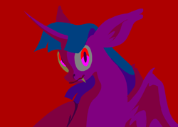 Size: 1260x900 | Tagged: safe, artist:msponies, twilight sparkle, alicorn, bat pony, bat pony alicorn, pony, g4, bat ponified, bat wings, fangs, horn, race swap, red background, simple background, solo, twibat, wings