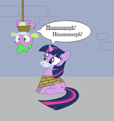 Size: 436x464 | Tagged: safe, artist:alexarmstrong2287, spike, twilight sparkle, dragon, pony, unicorn, g4, 1000 hours in ms paint, bondage, bound and gagged, cloth gag, duo, duo male and female, female, gag, horn, male, muffled words, over the nose gag, speech bubble, tied up, unicorn twilight