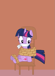 Size: 419x576 | Tagged: artist needed, safe, twilight sparkle, pony, unicorn, g4, 1000 hours in ms paint, bondage, bound and gagged, cloth gag, damsel in distress, gag, horn, solo, tied to chair, tied up