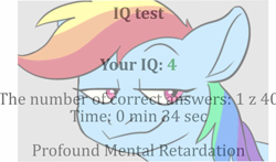 Size: 1560x916 | Tagged: artist needed, safe, edit, rainbow dash, pegasus, pony, g4, academy record, bust, colored, dialogue, fast, female, flat colors, iq test, mare, meme, ponified meme, record, requested art, retarded, smug, solo, text, two toned background