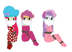 Size: 1048x762 | Tagged: safe, artist:robukun, apple bloom, scootaloo, sweetie belle, human, equestria girls, g4, bondage, cloth gag, clothes, cutie mark crusaders, female, footed sleeper, footie pajamas, gag, hat, nightcap, onesie, over the nose gag, pajamas, scootasub, simple background, tied up, transparent background, trio, trio female