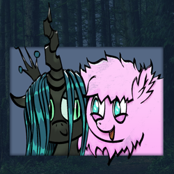 Size: 1071x1071 | Tagged: safe, artist:mannerin, queen chrysalis, oc, oc:fluffle puff, changeling, changeling queen, earth pony, pony, g4, duo, duo female, female, forest background