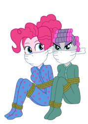 Size: 544x762 | Tagged: safe, artist:robukun, maud pie, pinkie pie, human, equestria girls, g4, bondage, bound and gagged, cloth gag, clothes, duo, duo female, female, footed sleeper, footie pajamas, gag, hair bun, hair curlers, onesie, over the nose gag, pajamas, pie sisters pajamas, simple background, tied up, transparent background