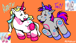 Size: 1200x675 | Tagged: safe, artist:msponies, rarity, twilight sparkle, pony, unicorn, g4, duo, horn, orange background, simple background, webkinz, webkinz peace unicorn, webkinz ribbon unicorn