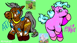 Size: 1200x675 | Tagged: safe, artist:msponies, applejack, pinkie pie, earth pony, pony, g4, duo, green background, simple background, webkinz, webkinz howdy horse, webkinz pink pony