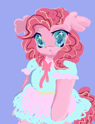 Size: 1000x1300 | Tagged: safe, artist:larvaecandy, pinkie pie, earth pony, anthro, g4, :<, alternate eye color, alternate hair color, alternate mane color, alternate tail color, blue background, blue dress, clothes, colored pupils, colored sclera, curly mane, curly tail, dress, ear fluff, eyelashes, female, floppy ears, frilly dress, frown, hoof hands, lineless, looking at you, mare, multicolored mane, multicolored tail, neck bow, pink bow, pink coat, pink mane, pink tail, purple background, simple background, solo, sparkly eyes, tail, teal eyes, teal pupils, teal sclera, three toned mane, three toned tail, wingding eyes