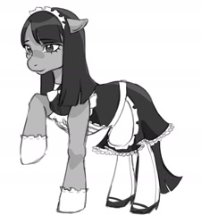 Size: 1499x1662 | Tagged: safe, artist:fleuranonette, earth pony, pony, clothes, drawthread, dress, female, grayscale, maid, mare, monochrome, raised hoof, requested art, shading, simple background, solo, white background