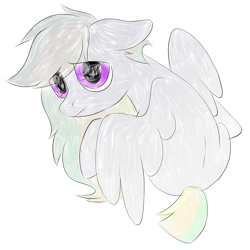 Size: 2500x2500 | Tagged: safe, artist:ponkus, oc, oc only, oc:odd inks, pegasus, pony, female, floppy ears, looking back, mare, sad, sad pony, simple background, sitting, solo, white background, wings